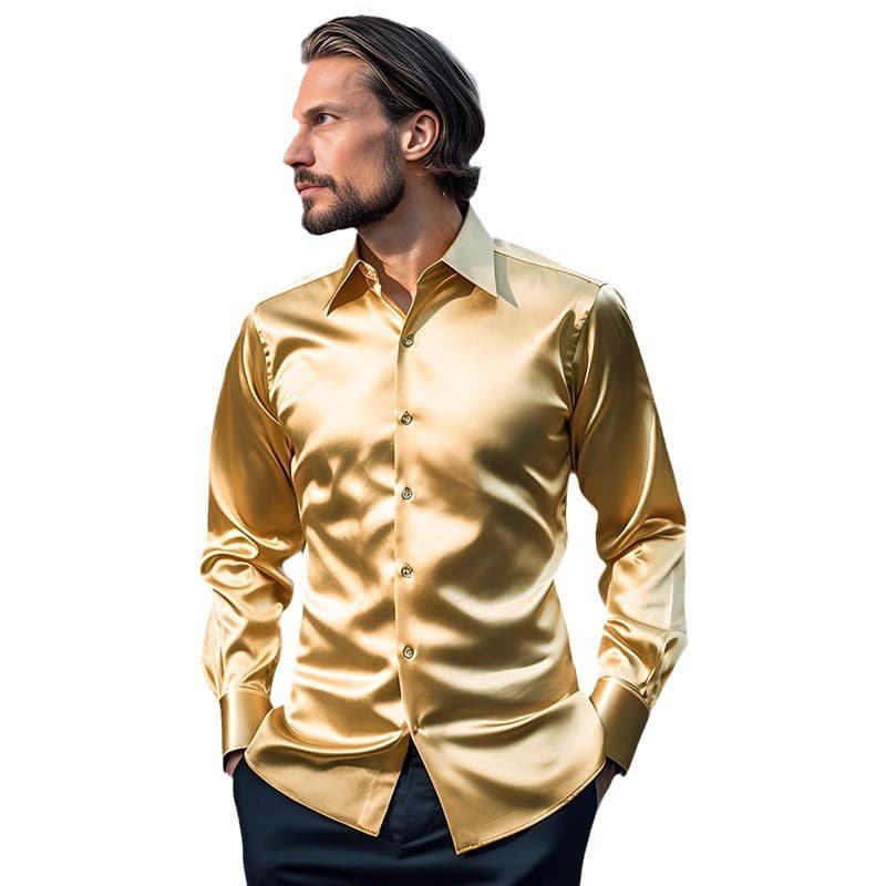 2024 Autumn New Arrival Amazon Men's Satin Nightclub Long-Sleeve Shirt, European Size, Solid Color, Trendy Shirt for Men