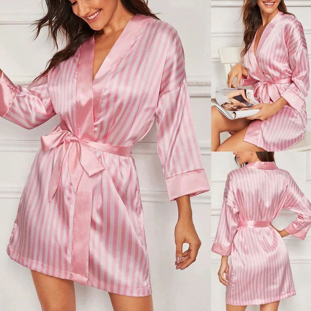 Cross-Border Processing Amazon Supply Popular Pink Striped European and American Sexy Lingerie Sexy Temptation Women's Bathrobe Nightgown