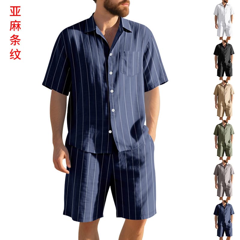 Cross-border Amazon summer linen suit men's striped jacquard loose short-sleeved shirt beach shorts two-piece set