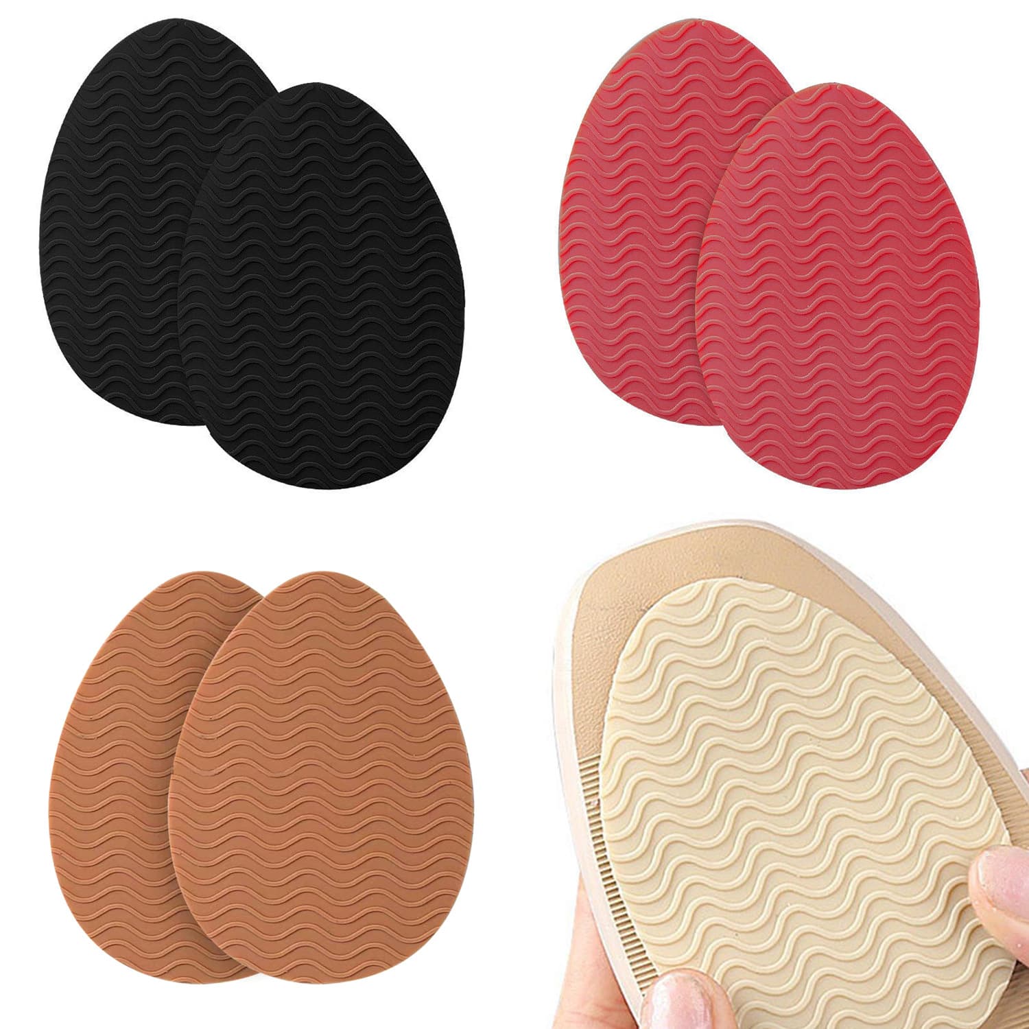 Anti-slip foot pads, wear-resistant natural rubber insoles, and anti-slip protectors for high heel soles with noise-canceling properties.