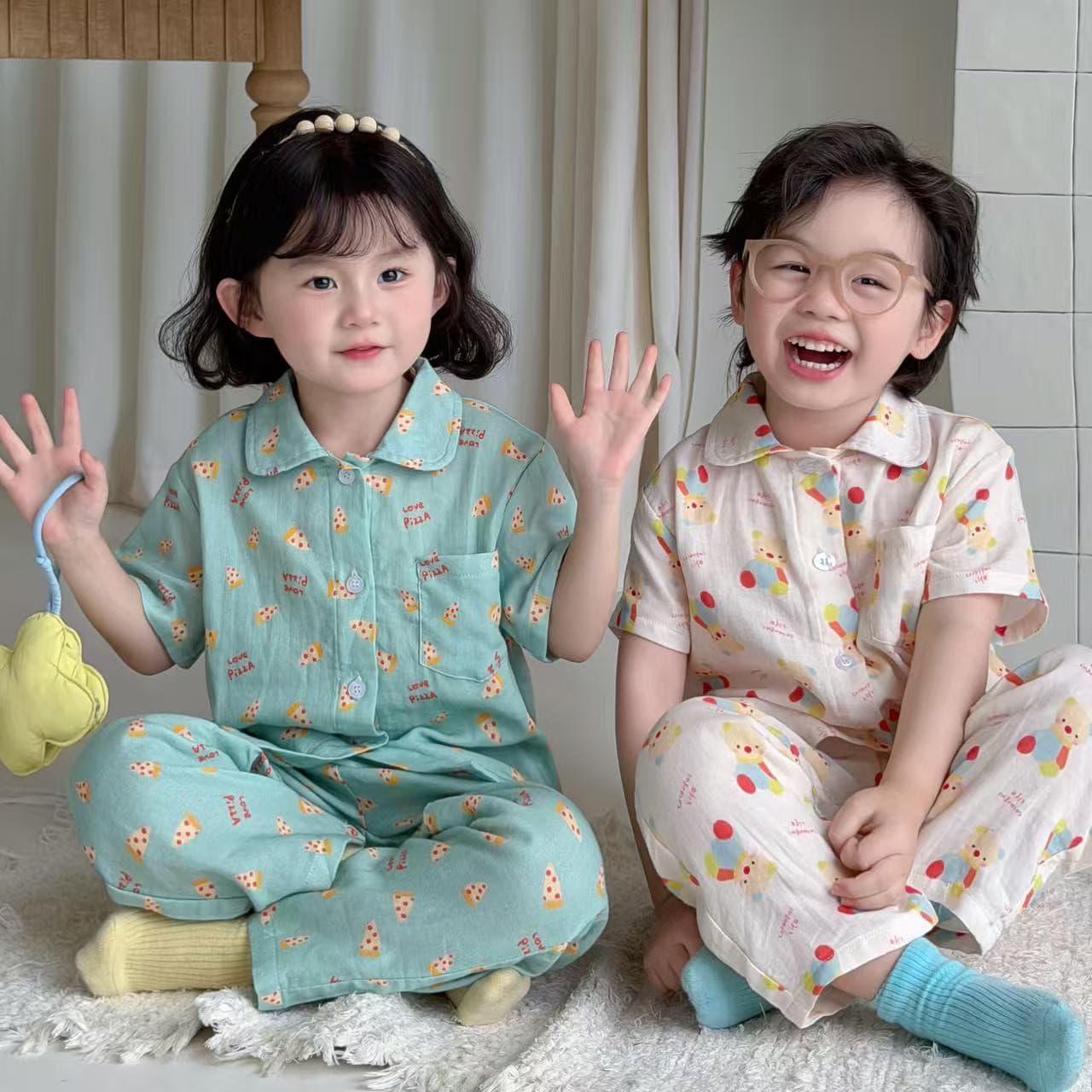 Children's Cotton Pajamas 2026 Summer New Boys Girls Cute Cartoon Homewear Kids Cotton Gauze Short Sleeve Mosquito Pants