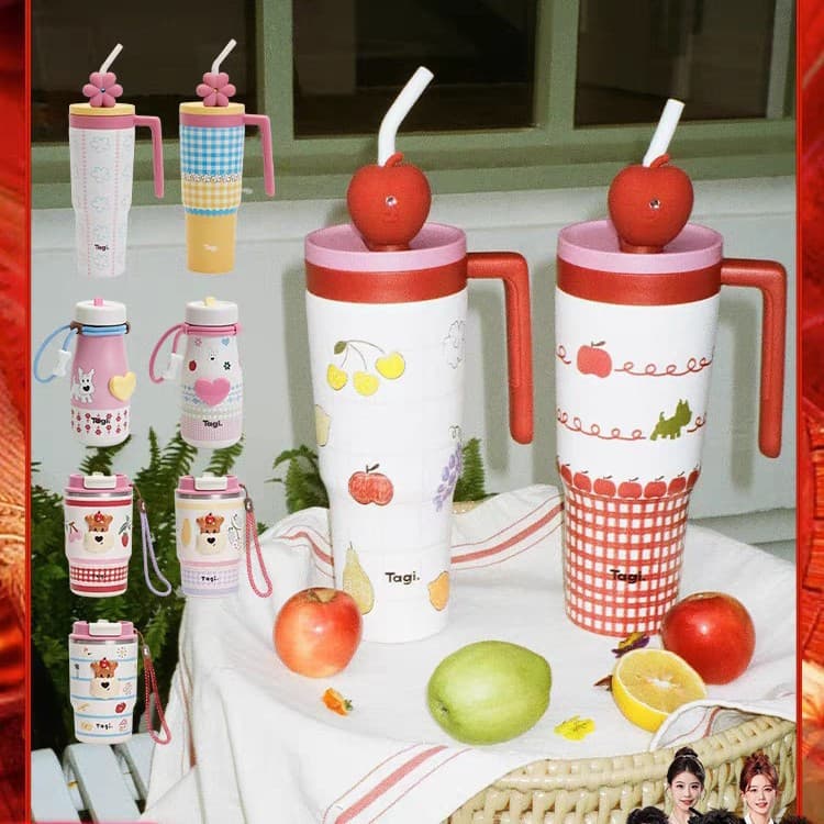 Tagi. Popcorn Heart Large Capacity Car Insulated Cup Ice Master Cup Portable Stainless Steel Water Bottle