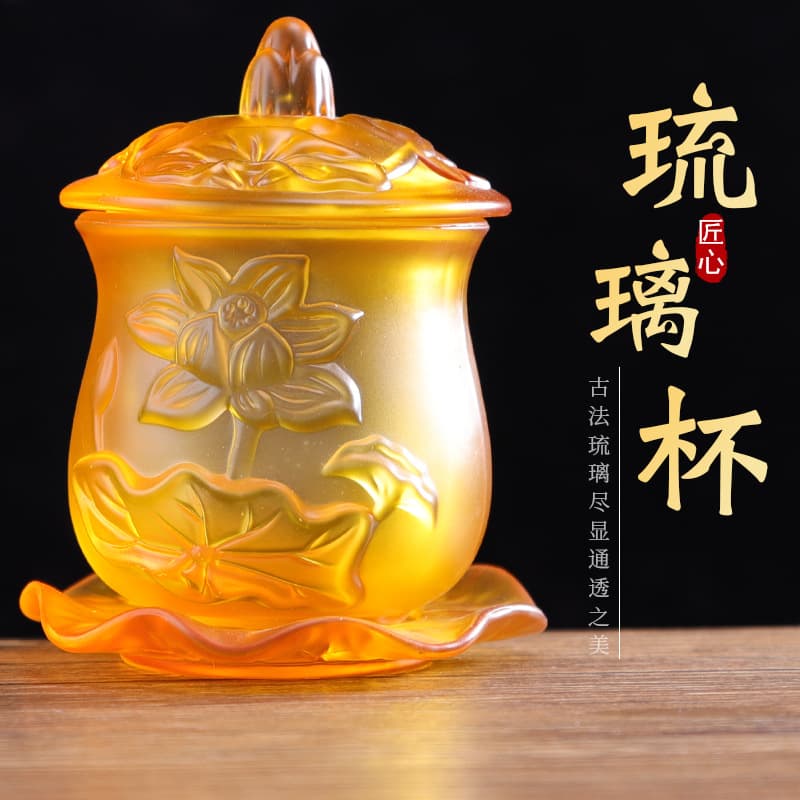 Relief Crystal Glass Holy Water Cups, Water Offering Buddhist Supplies, Purification Cups for Wealth God & Guanyin Blessings, Wholesale Offering Set