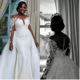 White Lace Wedding Dress Summer Medium Length Mid Waist Long Sleeve Adult Wedding Dress Bridesmaid Dress Evening Gown Factory Supply