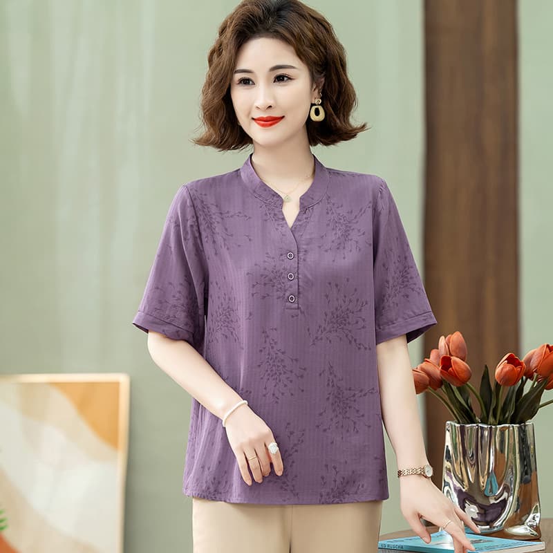 Mothers' Summer Blouse Short Sleeve Stand Collar Pullover T-Shirt Stylish Middle-aged and Elderly Women's Loose Fitting Concealing Top