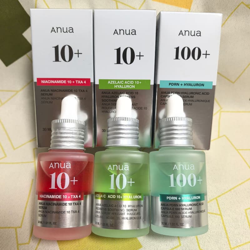 anua's new Azelaic Acid 10+ Essence, Niacinamide 10+, TXA4 Essence, PDRN Hyaluronic Acid Capsules 100+