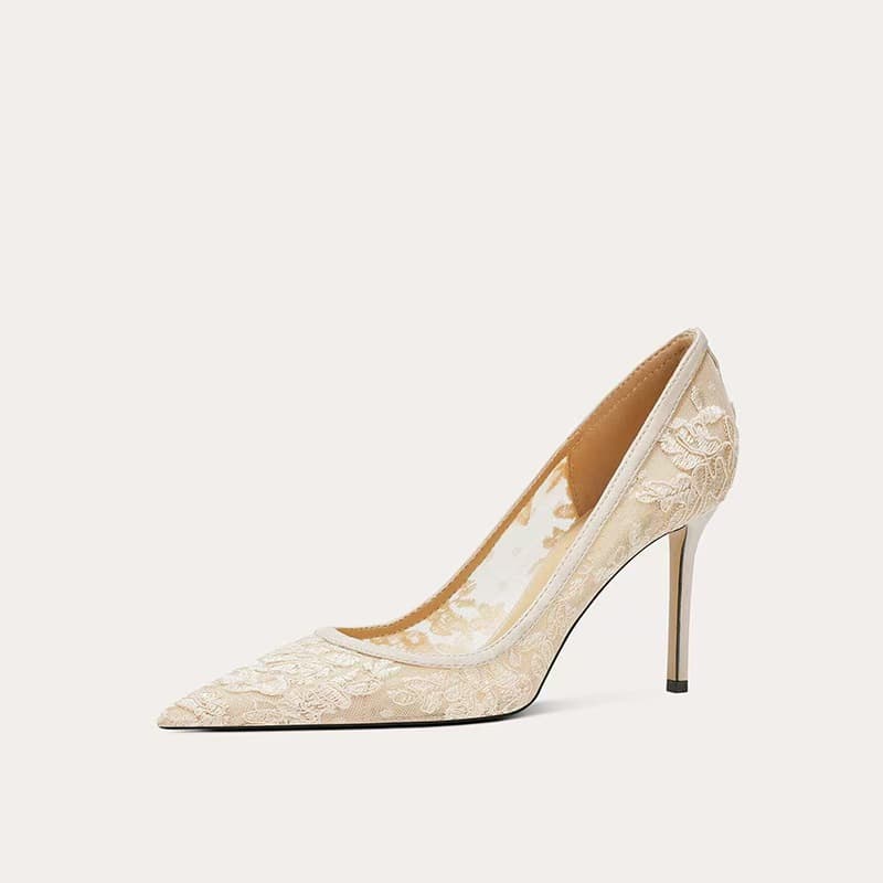 2025 Mesh Black High Heels Women New Lace Breathable Hollow Out Shoes Fairy Pointed Toe Nude Thin Heels