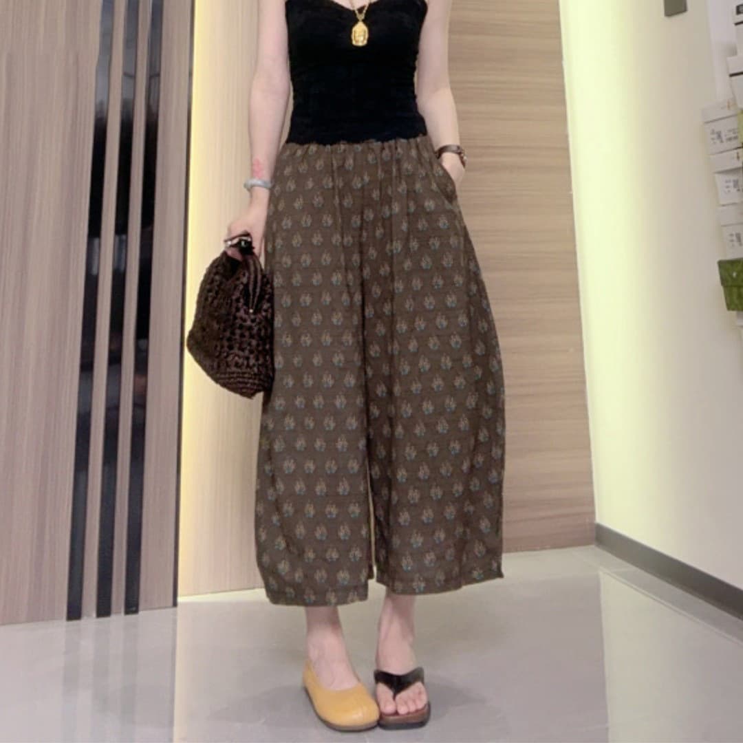 Old Money Style Grandma Pants for Women Summer 2026 New Retro Print Ankle-Length Wide-Leg Pants Thin Versatile Loose Casual Pants