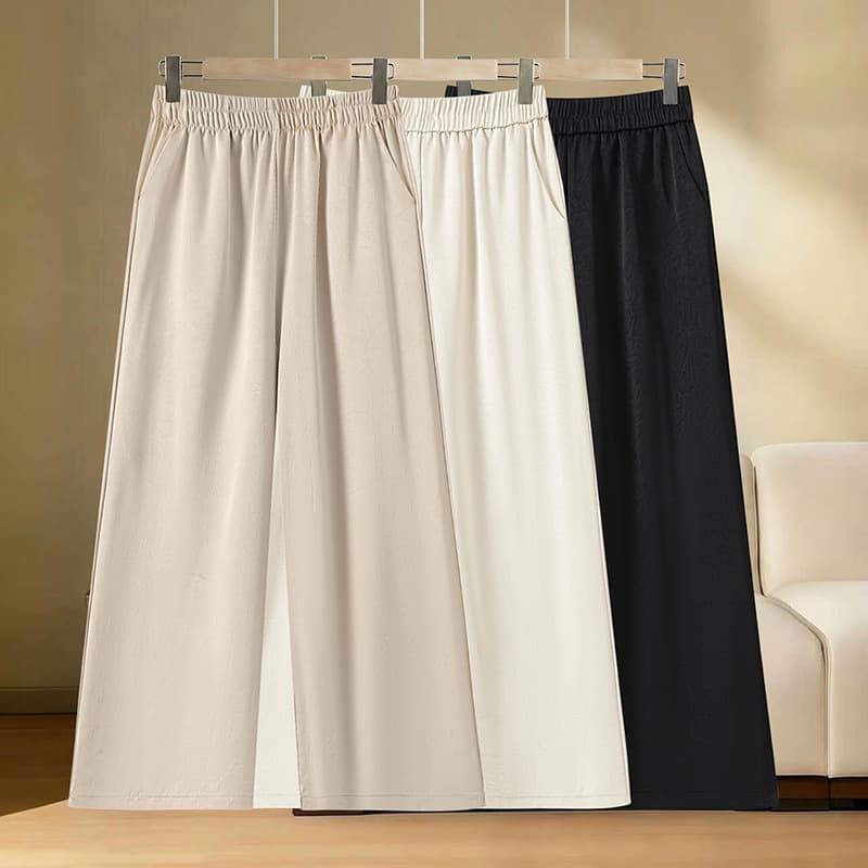 Mid-Aged Mom Silk Satin Wide Leg Pants Women Summer Slimming Versatile Pants Solid Color Smooth Surface Draping Elderly Women Pants Ice Feel Pants