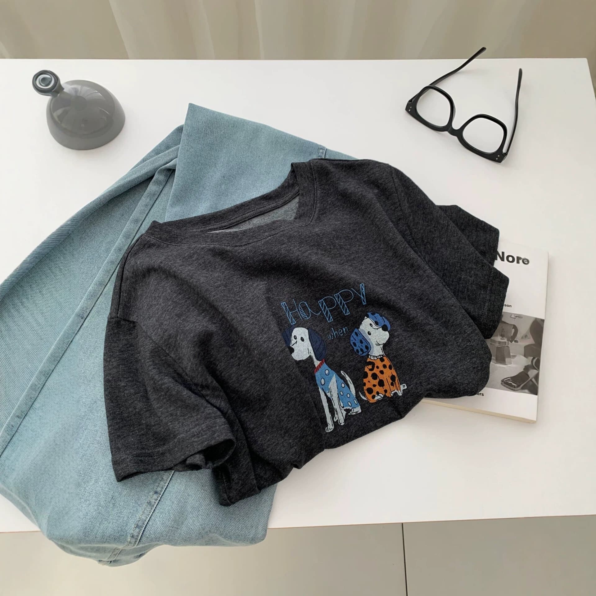 Summer Korean Lyocell cotton and linen puppy print short-sleeved women's retro dark gray round neck mulberry silk cartoon T-shirt