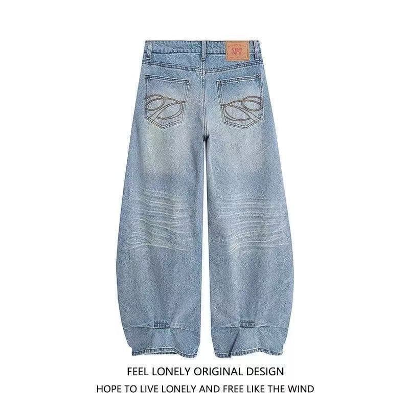 American Retro Washed Light Blue Wide Leg Jeans for Women Loose High Waist Flowy Straight Leg Long Pants Street Style Trend