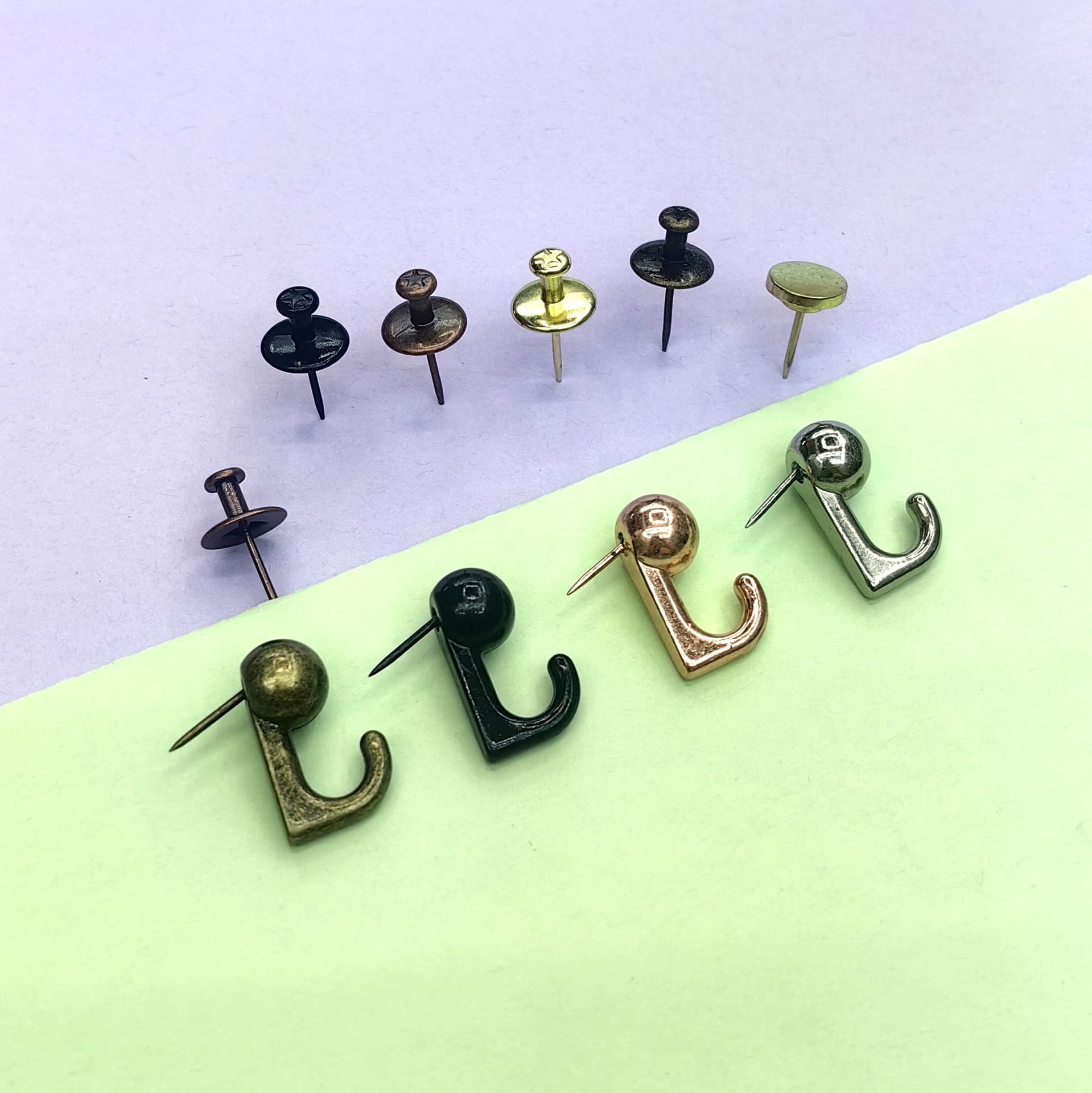 Factory boxed zinc alloy double-head hook pins, flat thumbtacks for cork boards, hook clips, in gold, black, and antique bronze colors