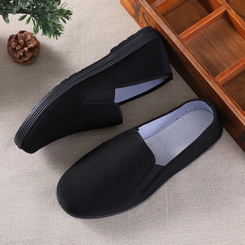 Men's Breathable Work Shoes, All-Black Slip-On Canvas Shoes, Imitation Thousand-Layer Cloth Loafers for Women