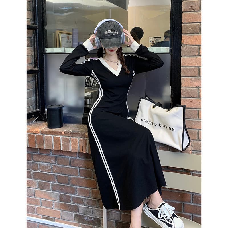 Spring and Autumn Black Long Over-the-Knee Dress Women's Tight Waist Slimming Socialite Style Elegant Plus Size Chubby mmV Collar Dress
