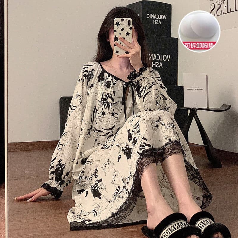 Autumn new style French long loose nightgown with breast pad that can be worn outside cloud cotton long-sleeved girl's nightgown maternity dress