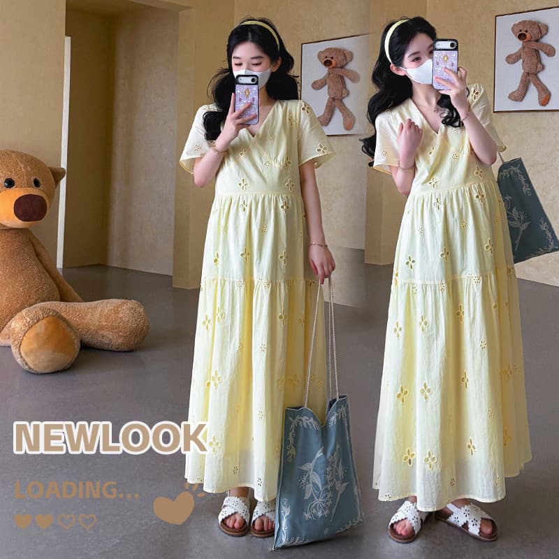 2026 Summer Maternity Dress, Cotton Hollow-Out Design V-Neck Elegant Plus Size Maternity Dress
