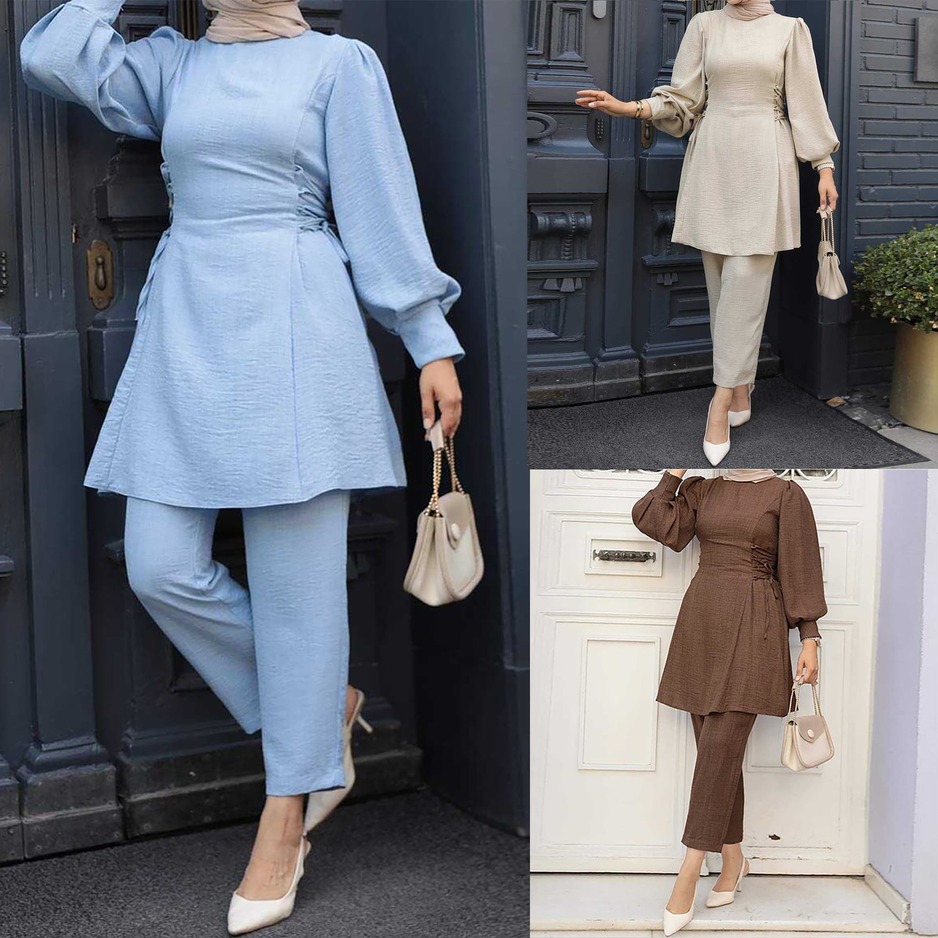 2215# Amazon TUME Cross-border Women's Fashion Bestseller Two-Piece Set: Lantern Sleeve Mid-Length Top + Casual Pants