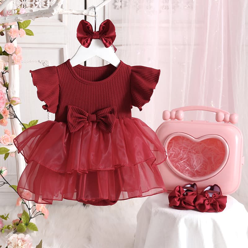 Baby mesh princess skirt full moon 100th anniversary party dress baby girl wine red princess skirt gift box