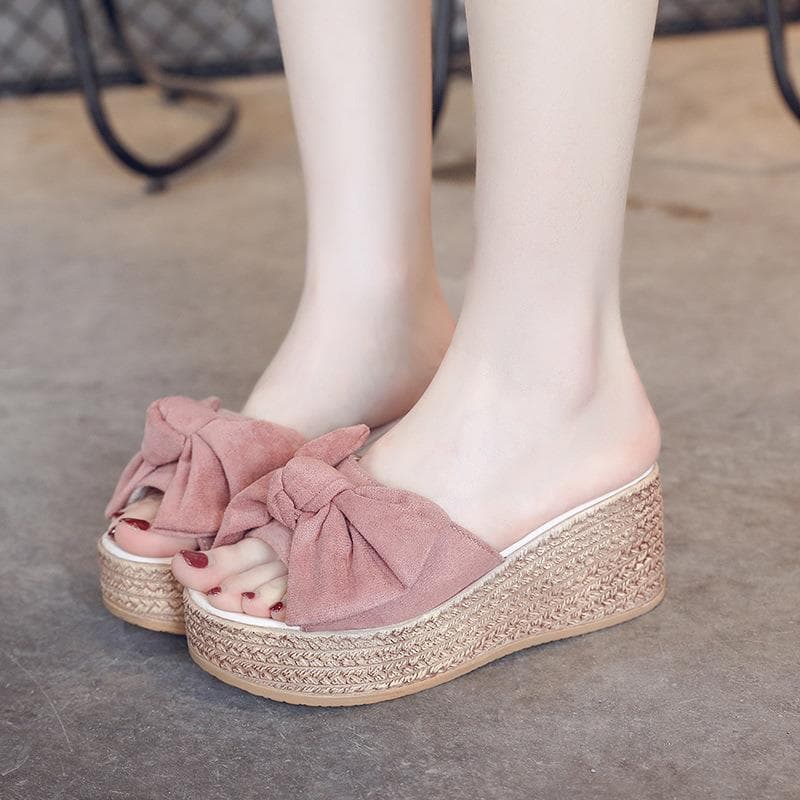 Summer Women's One-Strap Slide Sandals with Fashion Bow, Korean Platform Wedge Heel, Non-Slip Thick Sole High-Heel Slippers for Outdoor Wear