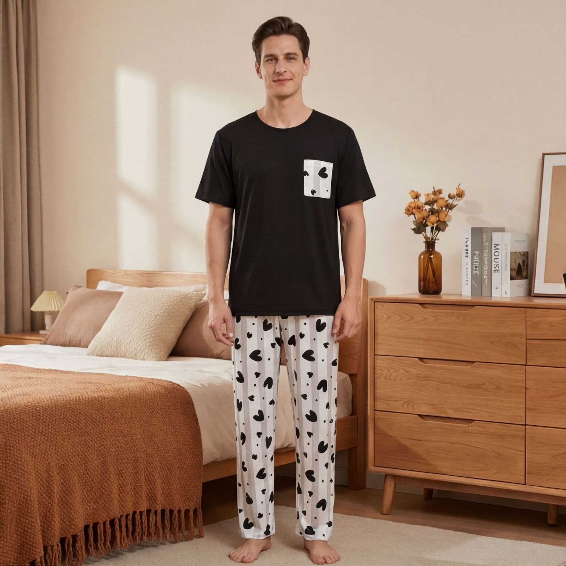 Men's Pajama Set Winter Short Sleeve Long Pants Black Heart Print Round Neck Lounge Wear Autumn Winter Thick Three-Layer Cotton Padding