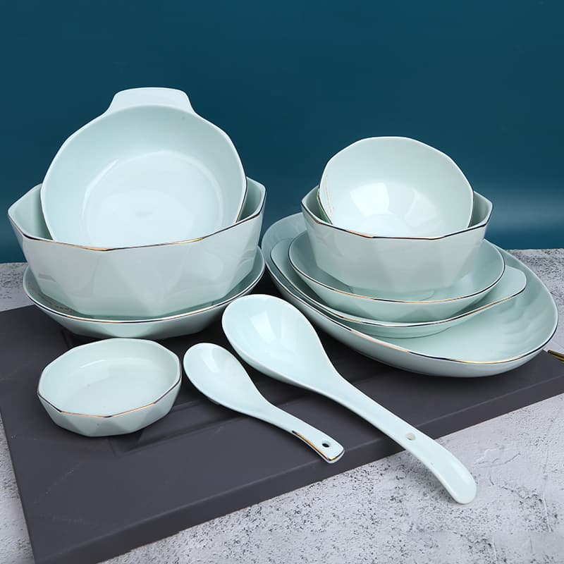 Blue and Gold Series Ceramic Luxury Tableware Set for Home Use (Rice Bowls, Noodle Bowls, Gold-Painted Ceramic Tableware Set with Celadon Porcelain)