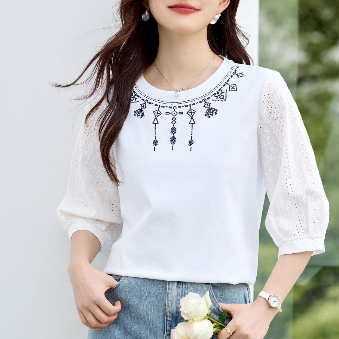 Three-Quarter Sleeve T-Shirt for Women, Mid-Sleeve Top, 2026 New Spring Hot Style, High-End Fashionable Women's Clothing, Base Shirt