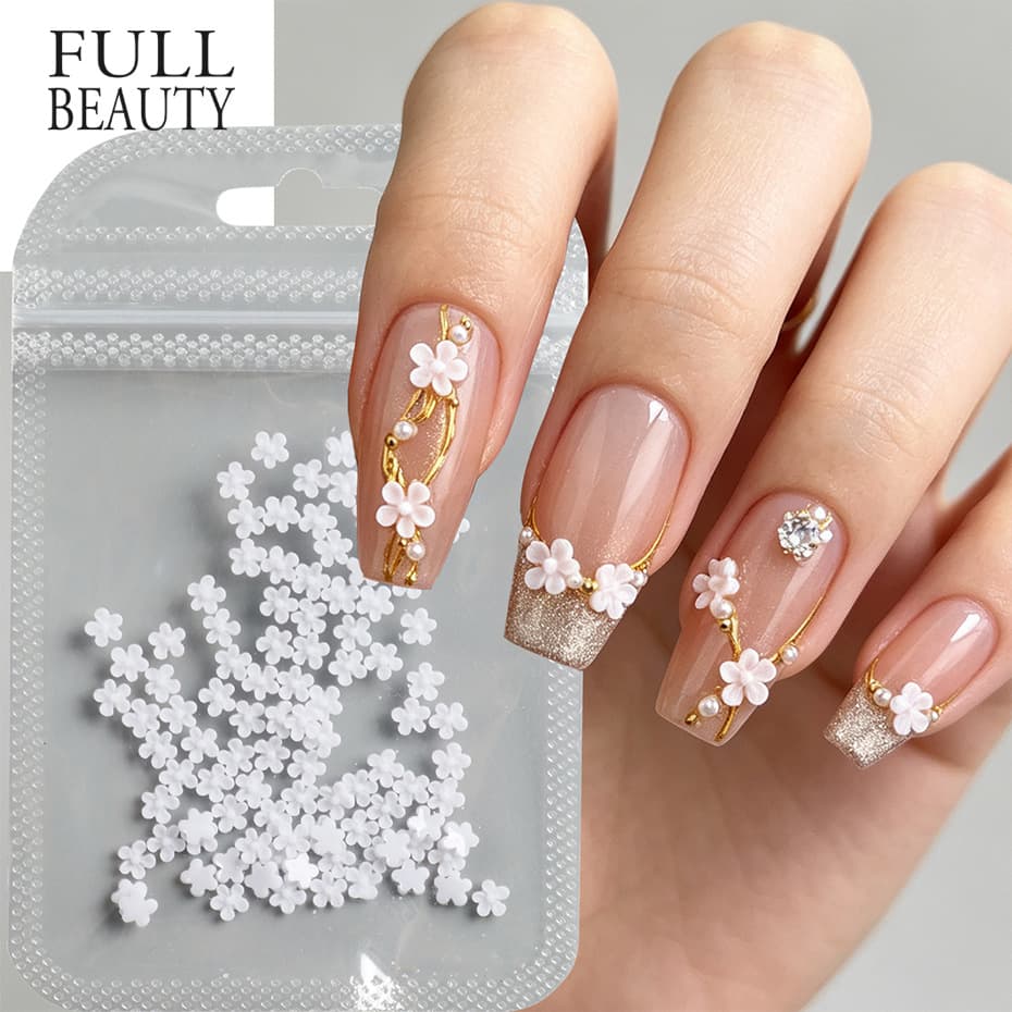 Cross-border new nail art accessories mini white flower five-petal flower resin three-dimensional flower flat bottom nail decoration