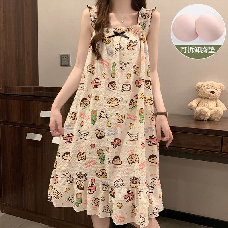 Summer Cloud Cotton Sleep Dress with Built-in Bra for Women, Crayon Shin-chan Cartoon, Cute Homewear
