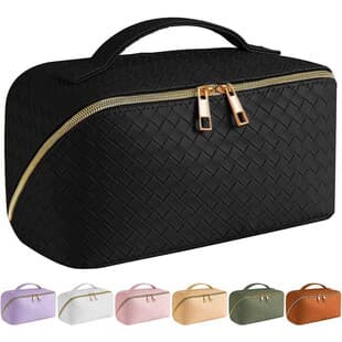 Amazon Woven Texture Travel Cosmetic Bag, Portable Leather Waterproof Cosmetic Storage Bag, Large Capacity Handheld Wash Bag