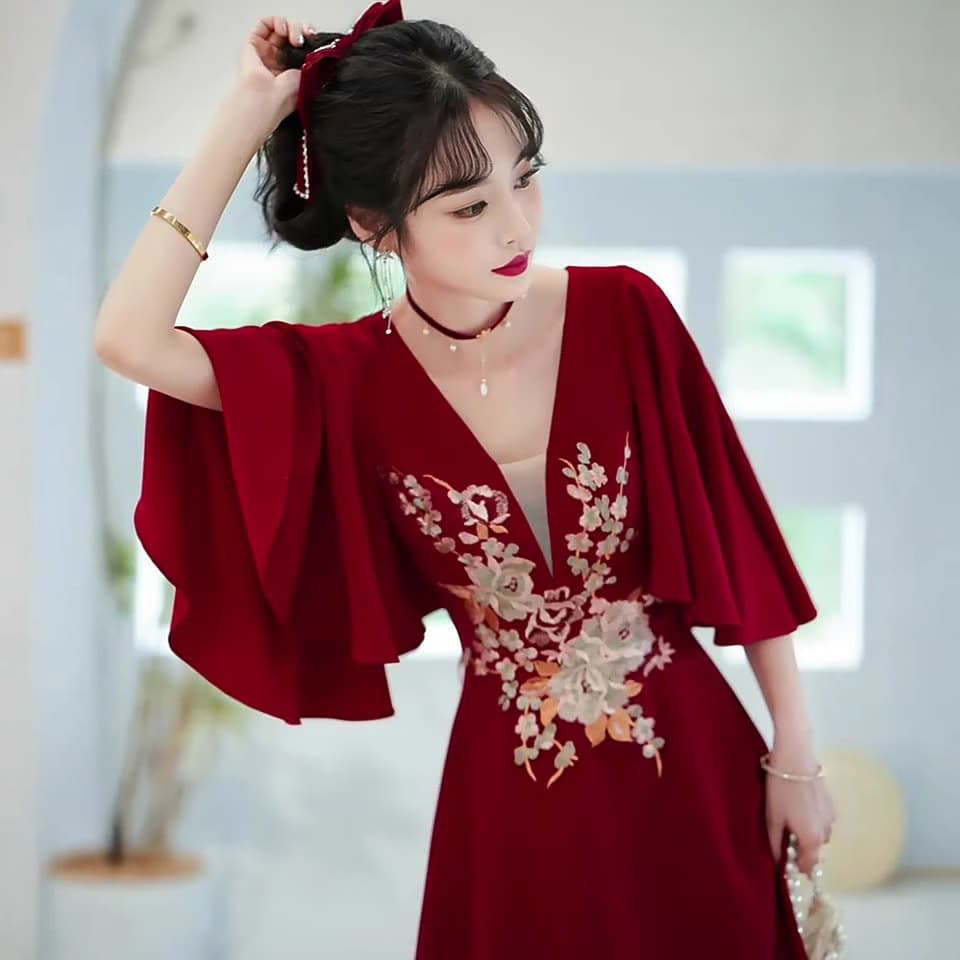 Chinese-style wedding toast dress, long red for bride, plus size, petite, return visit, casual wedding dress