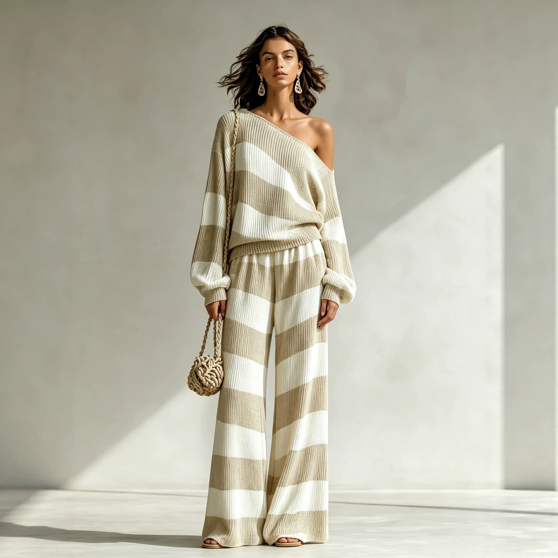 2026 European and American Cross-Border New Off-Shoulder Striped Knit Two-Piece Set Women Long Sleeve Loose High Waist Wide Leg Pants Set