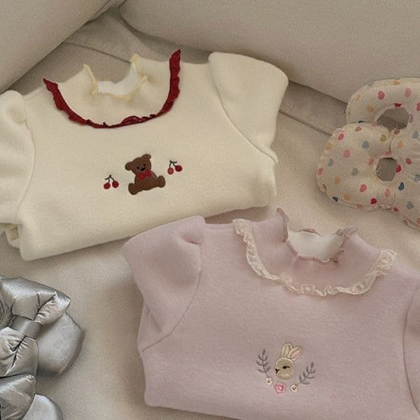 Girls' Stylish Lace Bunny Embroidered Baby Fleece-Lined Base Layer Top 2024 Autumn/Winter Korean Style Warm Long Sleeve Trendy