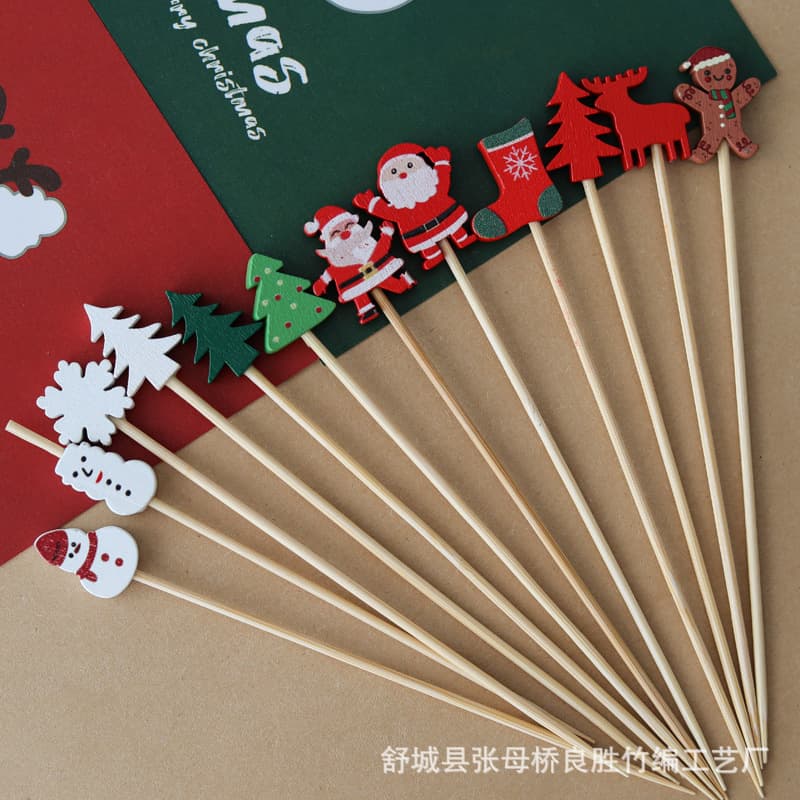 Manufacturer Supply 12cm Christmas and Halloween Small Bamboo Skewers, Santa Claus and Christmas Tree Fruit Skewers Wholesale