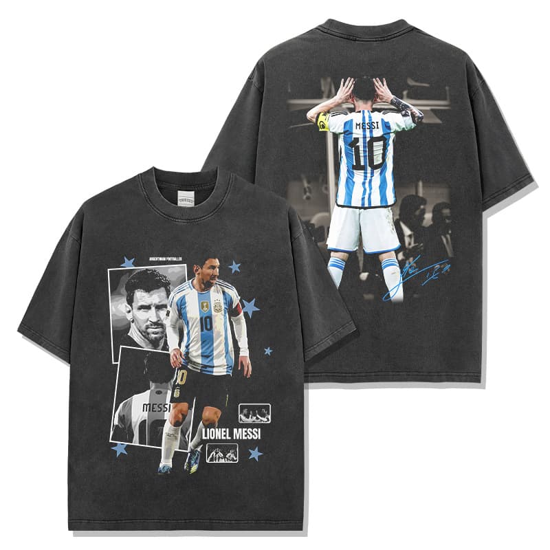 Cross-border Retro Football Star Messi Double-sided Printed Short Sleeve Heavyweight Washed Crew Neck Trendy Fan T-Shirt