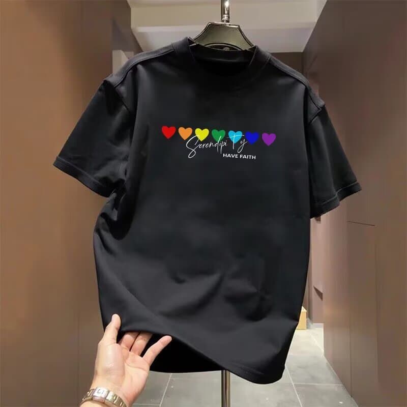 2026 new 100% cotton short-sleeved men's and women's personalized love printed right shoulder casual t-shirt foreign trade base versatile