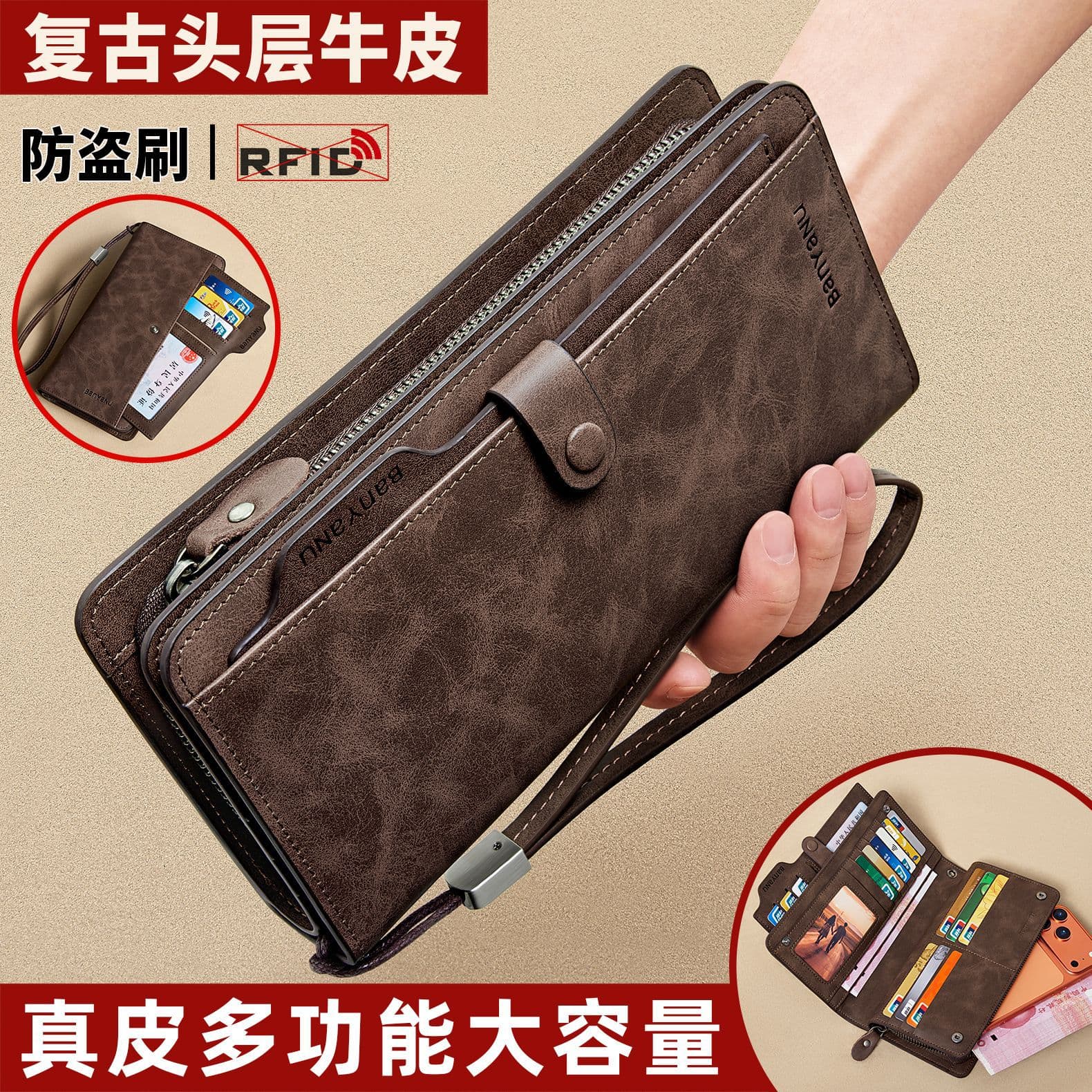 Banyanu Leather Guangzhou Factory Store Top Layer Cowhide Long Wallet Men Multi Card Slot Large Capacity Genuine Leather Wallet