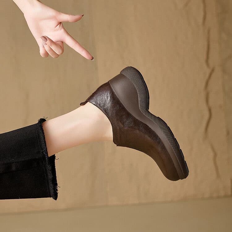 Great wear genuine leather thick-soled round-toe British style small leather shoes women's wedge heel platform sole sheepskin slim lazy shoes