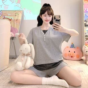 New Pajamas Women Summer Fake Two Piece Lazy Simple Short Sleeve Short Homewear Set with Tag