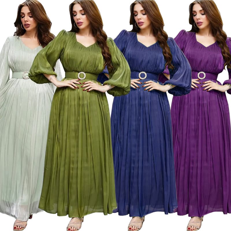 MQ047 Cross-border European and American Women's Modest Fashion Shiny Silk Satin Dress with Metal Belt, Long Dress with Lining