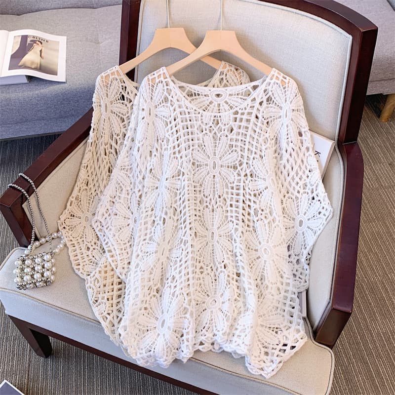 Solid color one-line collar sweater for women in spring and summer plus size new style French hollow design loose lazy top blouse