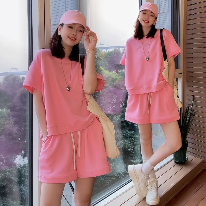 Cross-border Plus Size Loose Casual Sportswear Suit Summer New Korean Style Short Sleeve Top Wide Leg Shorts Two-Piece Set