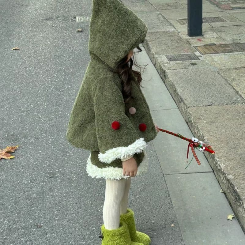 2024 Korean Style Girls' Clothing New Autumn/Winter Green Christmas Set, Warm Cotton Jacket, Cute Skirt, Christmas Tree