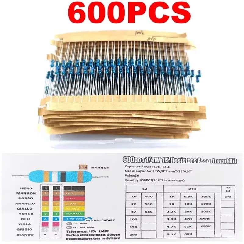 600pcs Resistor Kit 10 Ohm-1MOhm Resistors 1/4W ±1% Carbon