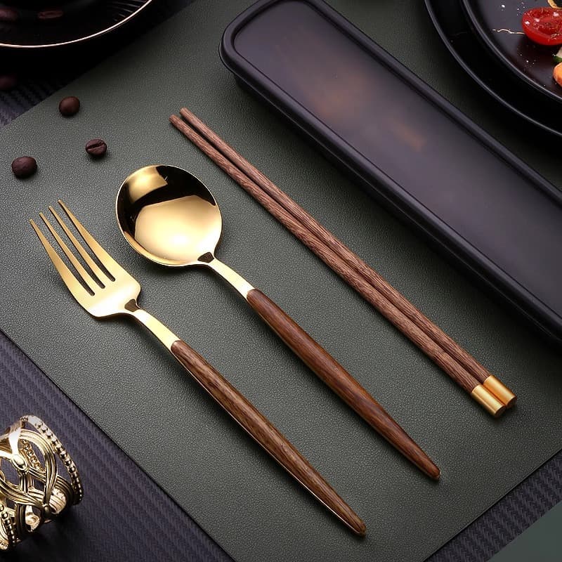 Stainless Steel Portable Cutlery Set with Wooden Chopsticks, Spoon, and Fork - 3-Piece Travel Kit for Students, Outdoor Picnic, and Camping