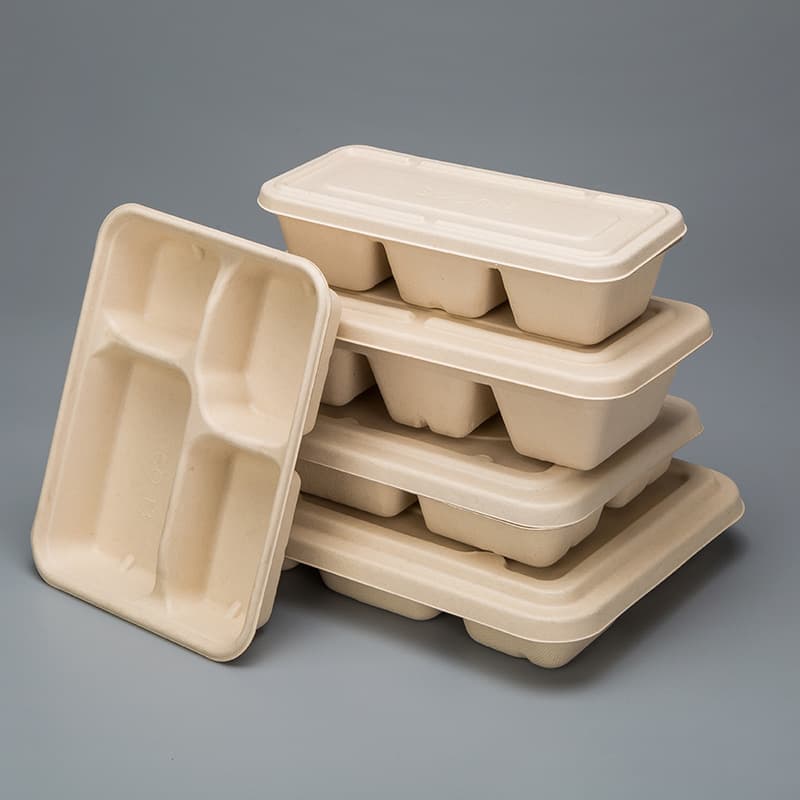 Disposable four-compartment pulp lunch box, eco-friendly biodegradable takeaway packaging container with 3, 4, or 5 compartments for food.