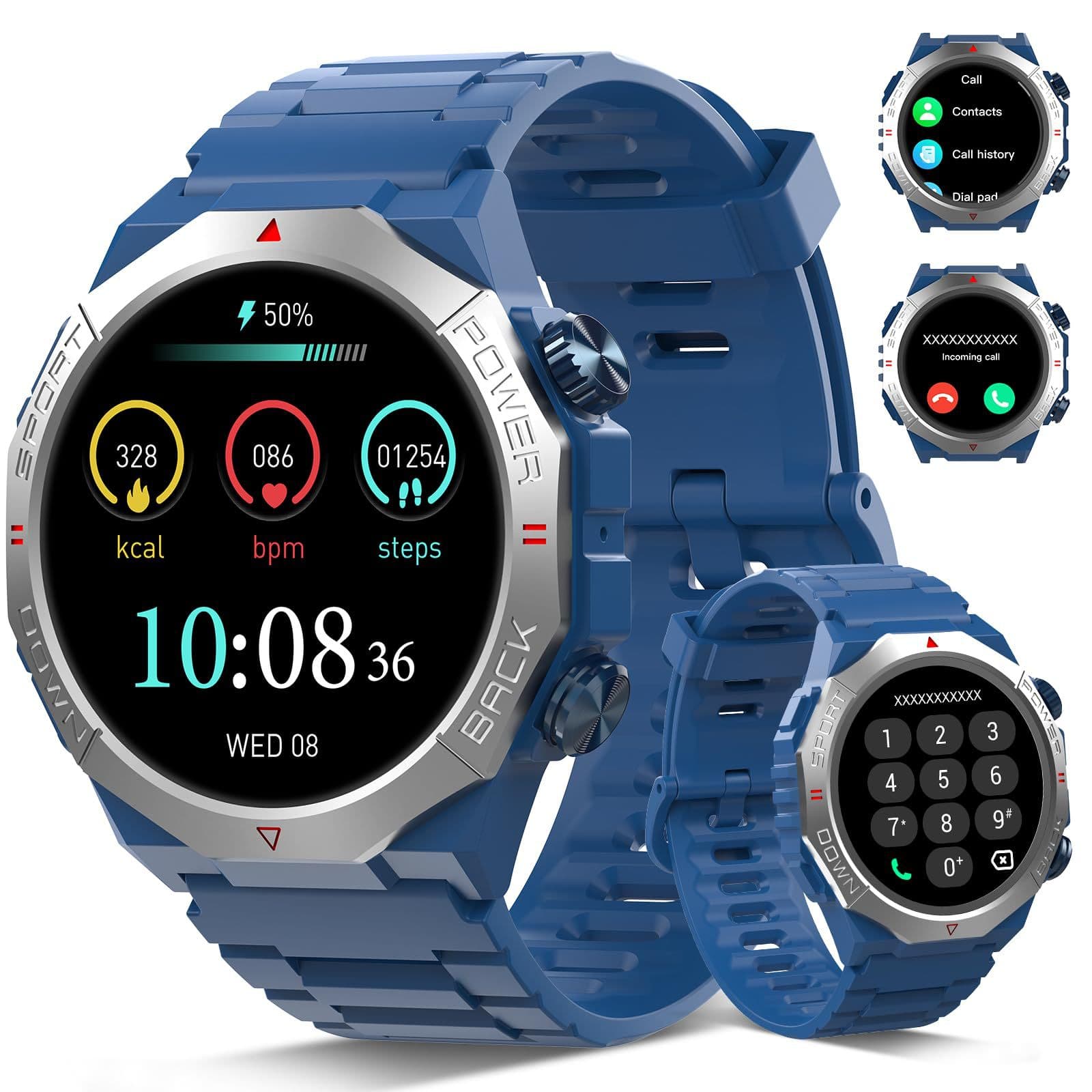 Men's Military Smart Watch, 3.5 cm Fitness Watch Answer/Make Calls, All-Day Heart Rate Monitoring