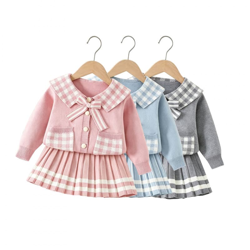 Girls' Sweater Set 2026 Spring Autumn Winter New Stylish Lapel Plaid Knit Pleated Skirt Children's Two-Piece Set