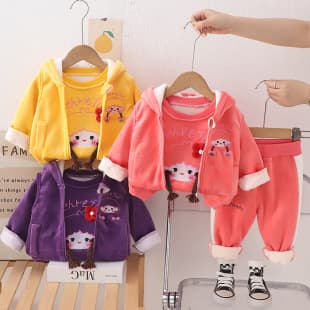 Girls' Korean Cartoon Winter Fleece-Lined Set 0-5 Years Baby Toddler Autumn/Winter Fashion Vest 3-Piece Set
