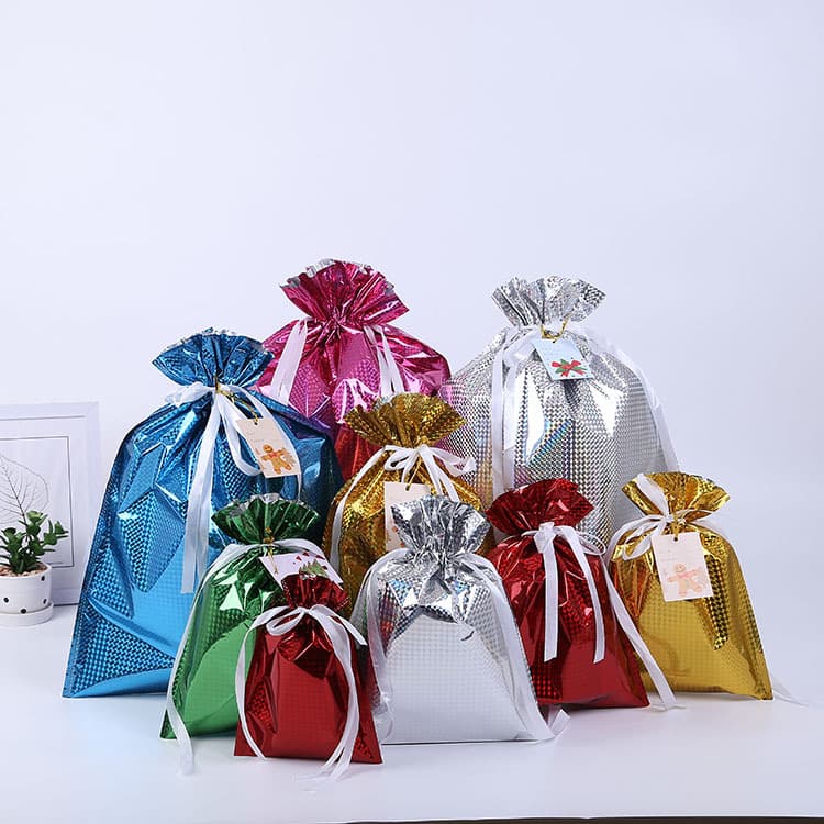 New Christmas Aluminum Foil Drawstring Gift Bag Festival Laser Film Colorful Candy Bag Gift Package