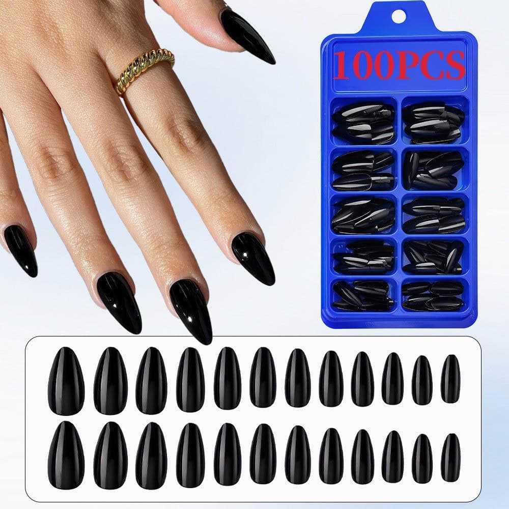 Cross-border hot style 100 black almond manicure patches removable solid color box wearable diy fake nail patches